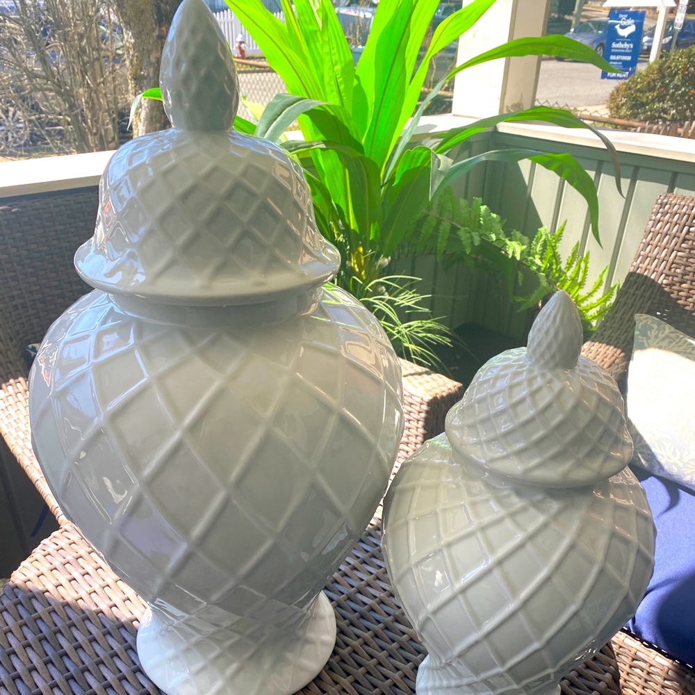 Set of two white ginger jars brand new
